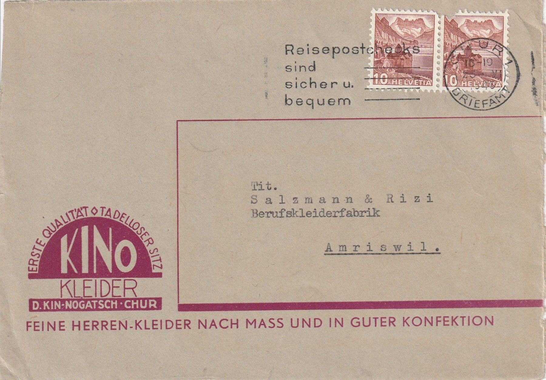 Tutti i francobolli: Chur-Briefteilvorderseite mit Werbung-Kleider-1946 – Usato da uttwil venduto da Koehlerfred