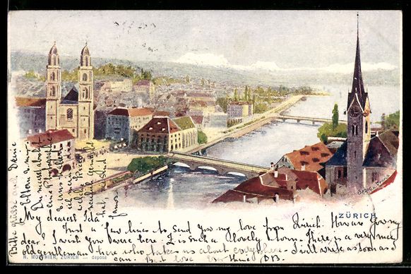 Cartoline postali: Zürich, Teilansicht mit Kirche, 1900 – Usato da Berlin venduto da bartko-reher