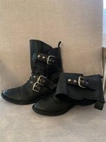 Biker Boots / Stiefel schwarz Leder Gr 37 Schnallen & Nieten