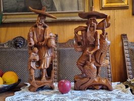 Paar chinesische Holzfiguren Fischer geschnitzt 40 cm