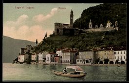 AK Morcote, Lago di Lugano, lungolago con chiesa e barca