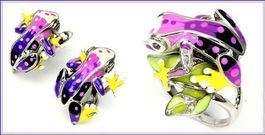 ♛ Ring & Silberohrringe Frosch Email 925 Silber