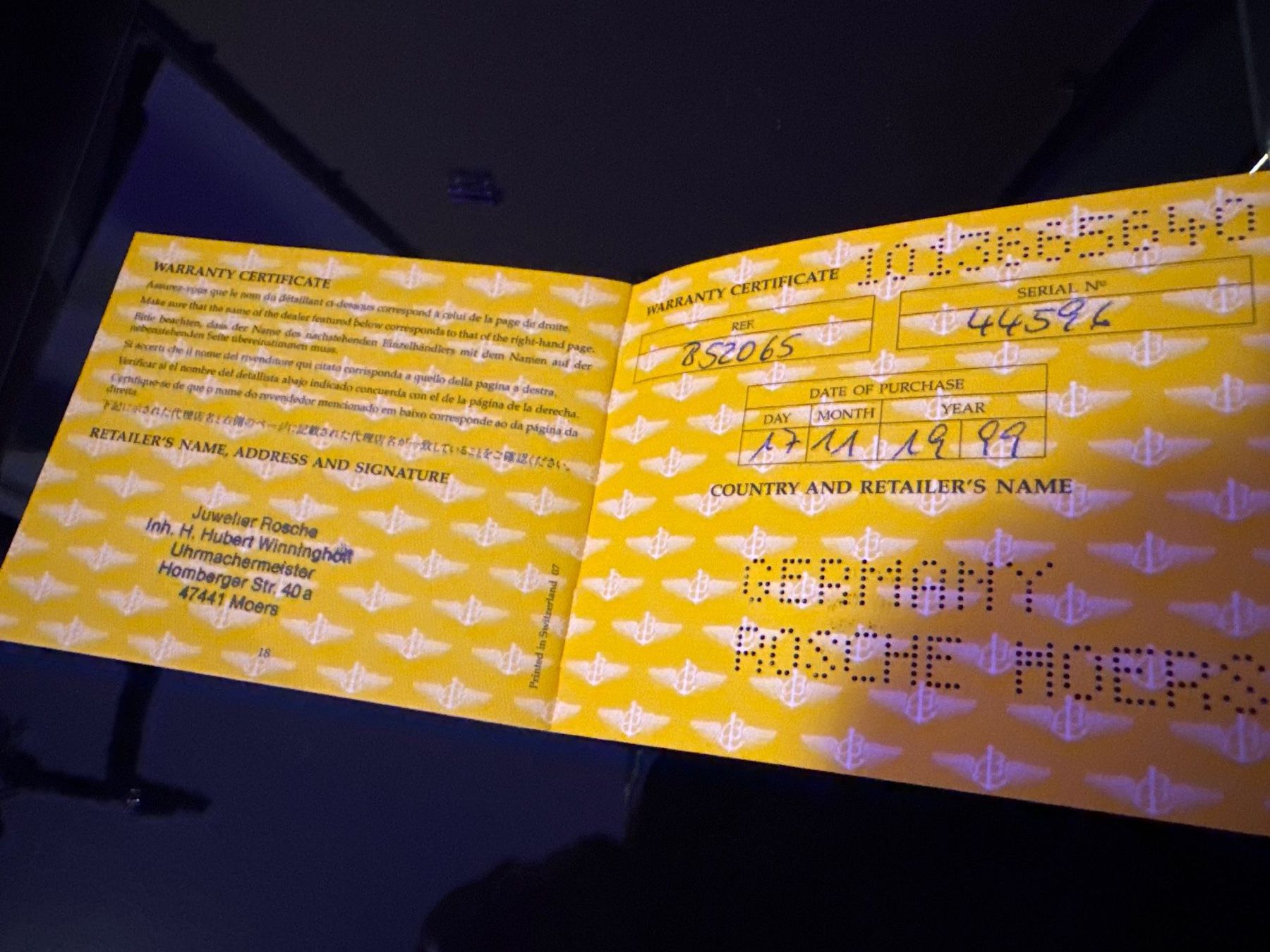 Breitling Uhren: Breitling Warranty Manual aus 1999 – Gebraucht aus Rüti ZH von Oldexplorer