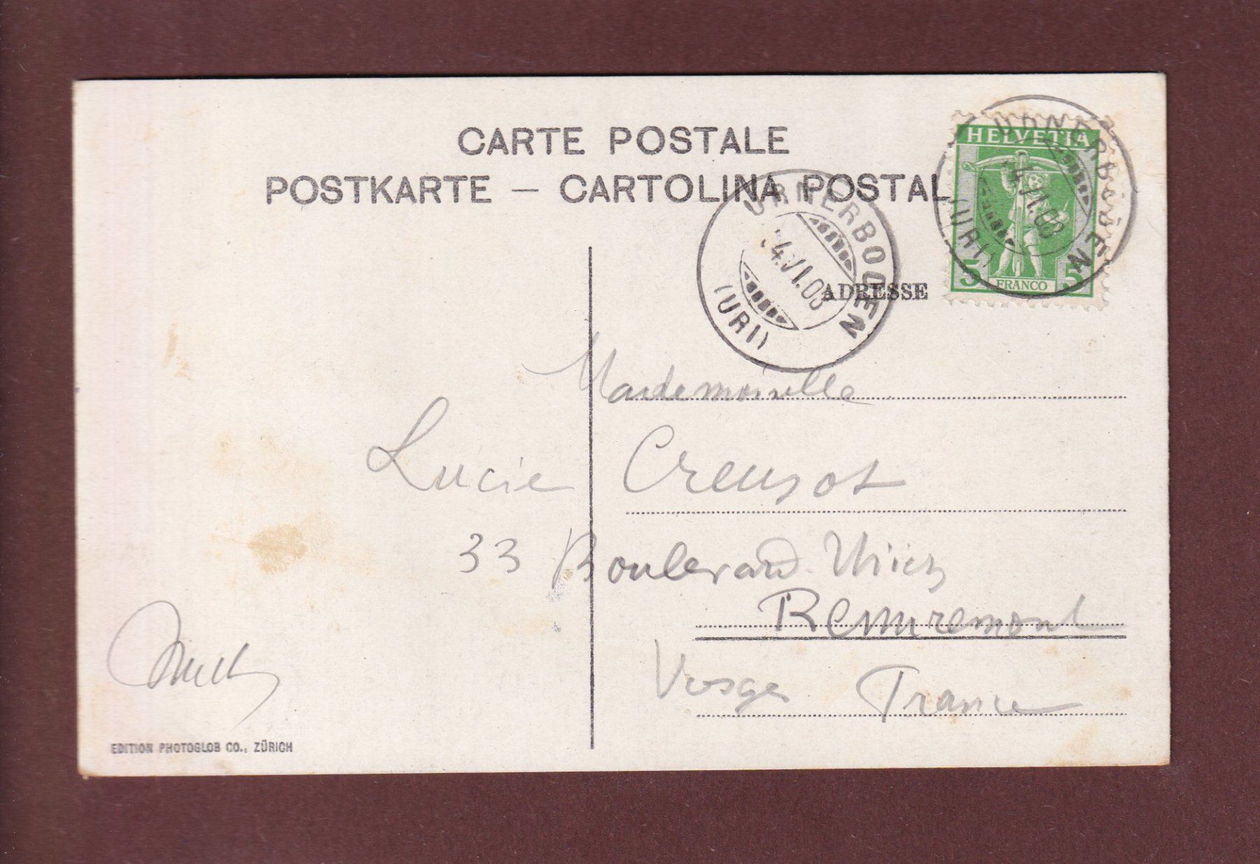 Cartoline postali: KLAUSENSTRASSE - Leute - Scheerhorn - 1908 – Usato da Pully venduto da nicecards 1