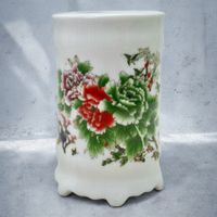 Vase chinois porcelaine peint à la main, calligraphie, signé