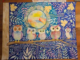 Aquarell "owls in the night" Bild Eulen Kinderzimmer