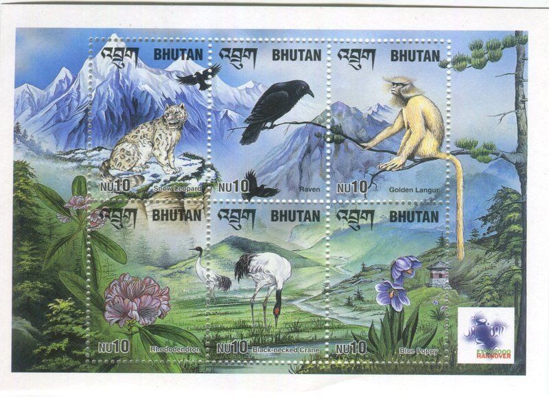 Tutti i francobolli: Block "Schneeleopard, Schwarzhalskranich, Kolkrabe". Bhutan. – Nuovo e nell'imballaggio originale da Basel venduto da Butsch5