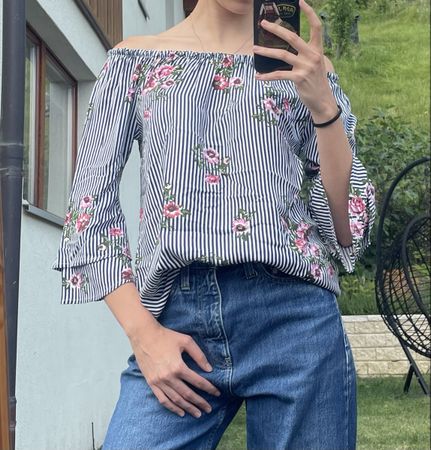 Blouse épaules dénudées rayures+fleurs - Lascana - taille 36