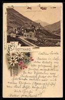 Lithographie Hospenthal, Generalansicht mit Gebirgszügen und