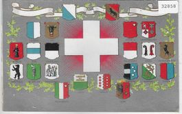 Gruss aus der Schweiz - Schweizerkreuz, Kantonswappen Litho