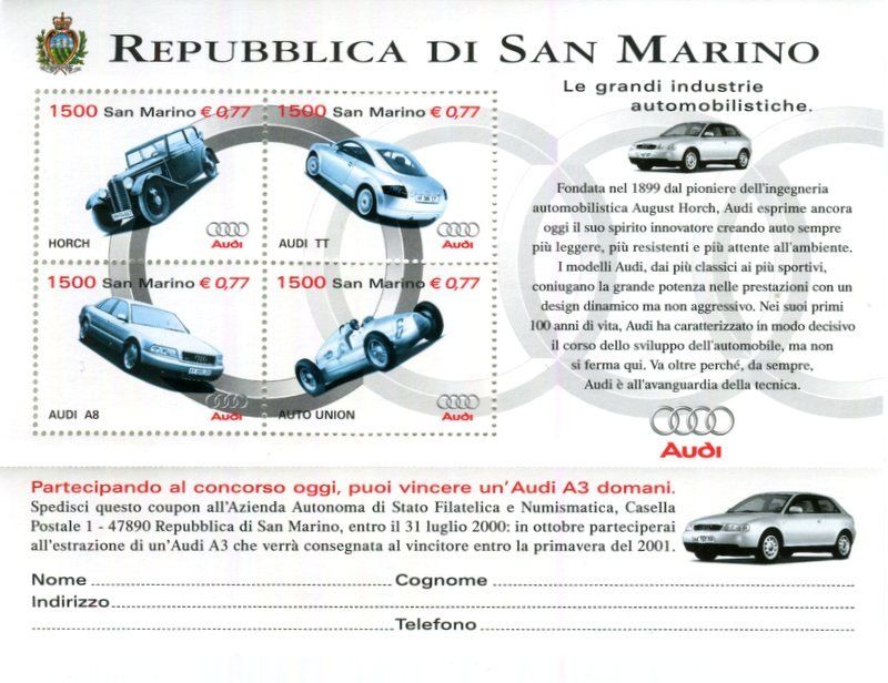 Tutti i francobolli: Block "Audi". San Marino – Nuovo e nell'imballaggio originale da Basel venduto da Butsch5
