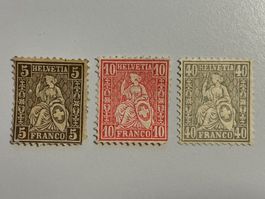 3x Sitzende Helvetia 5/10/40Rp, ungebraucht