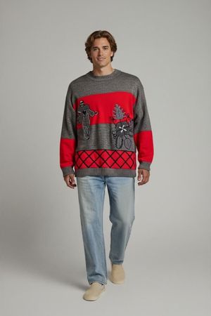Vintage Grafik Wollmischpullover - Grau/Rot - Größe M