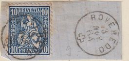 Sitzende Helvetia 10 Rp blau, V-O ROVEREDO (GR)++++