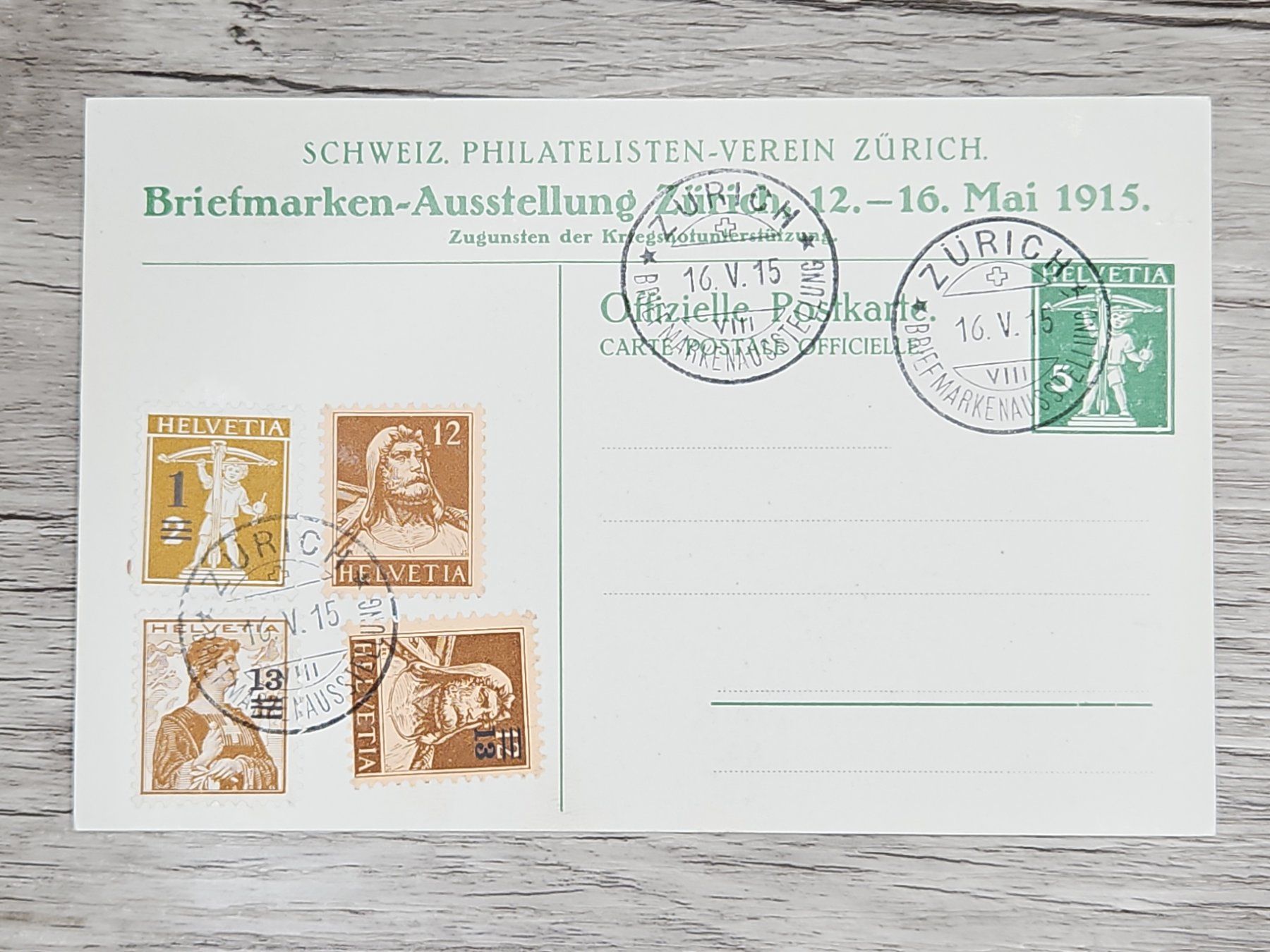 Tutti i francobolli: CL04 Carte Postale + Timbre Suisse 1915 – Usato da Cousset venduto da Patrick_Collections