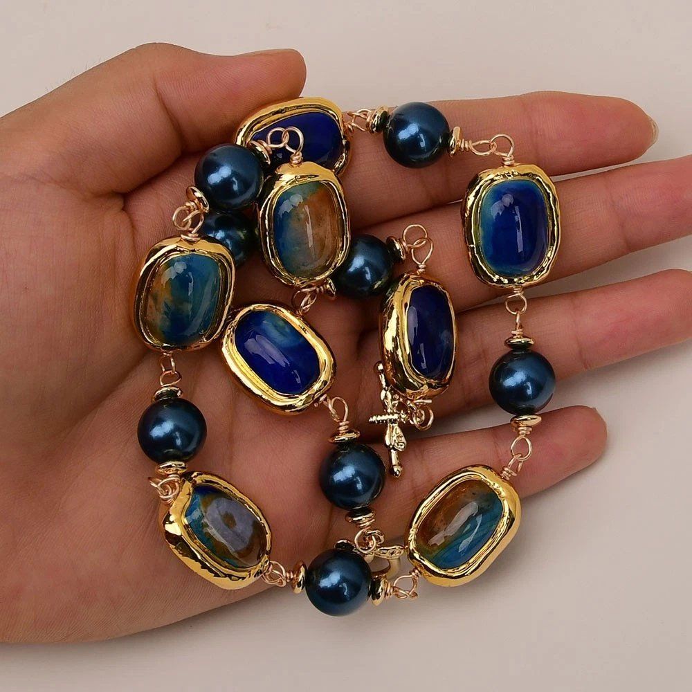 Catenine: Blau Achat Perlmutt Kette Echt Collier Agate Perle nacre – Nuovo (secondo la descrizione) da Prilly venduto da ilyria73 4