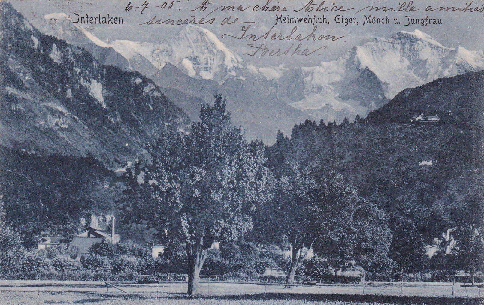 Cartes postales: Interlaken Heimwehfluh Eiger Mönch u. Jungfrau 1905 – D'occasion à Cormoret par Pascalll2001