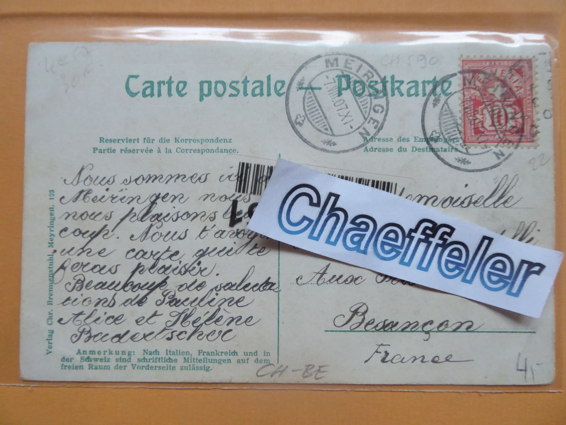 Cartoline postali: 1907 Meyringen - Meiringen – Usato da Zürich venduto da Chaeffeler 1