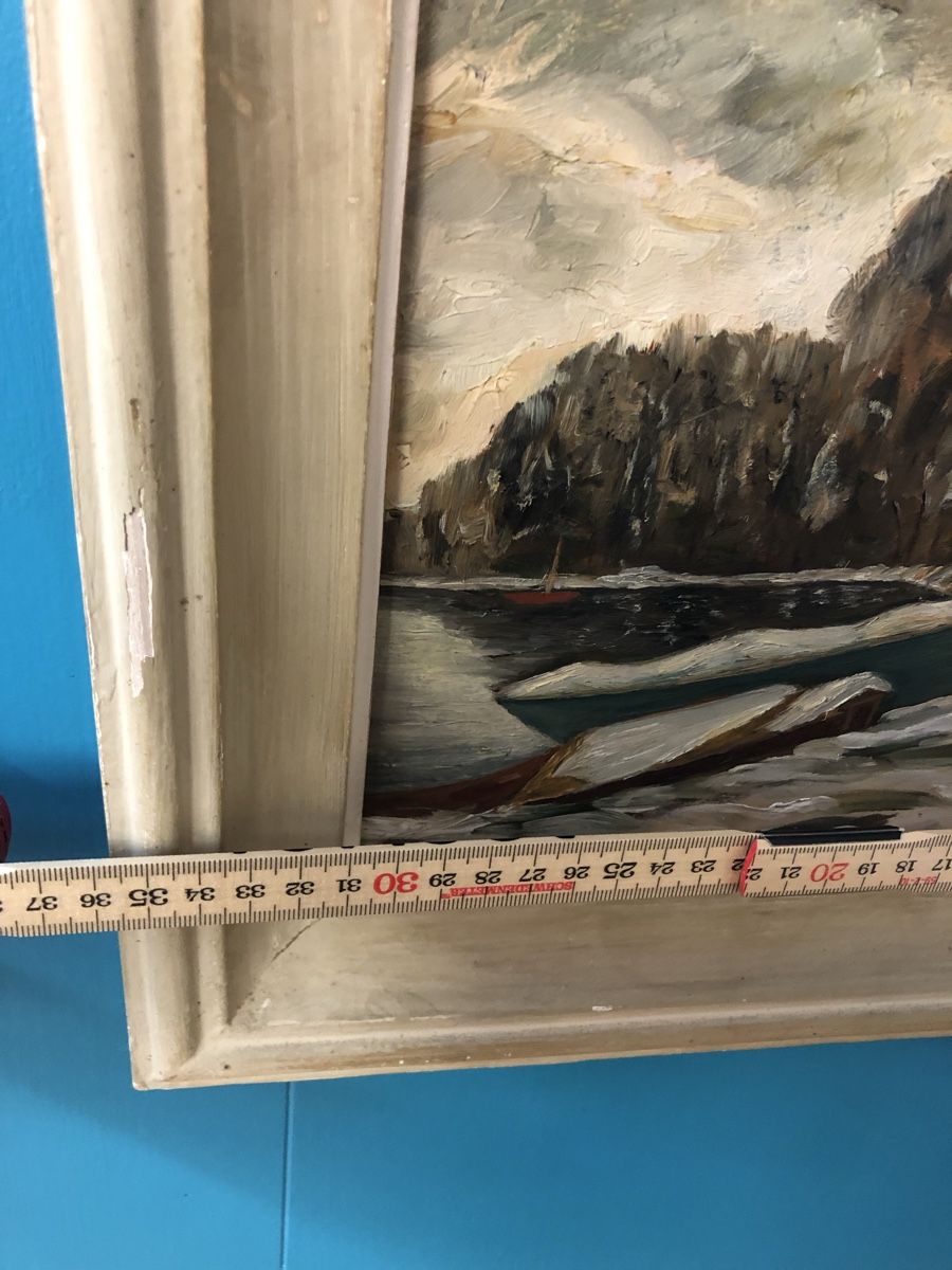 Dipinti: Gemälde Bild Boote am See im Schnee von Andenmatten? – Usato da Malters venduto da WerkstattBurch 2