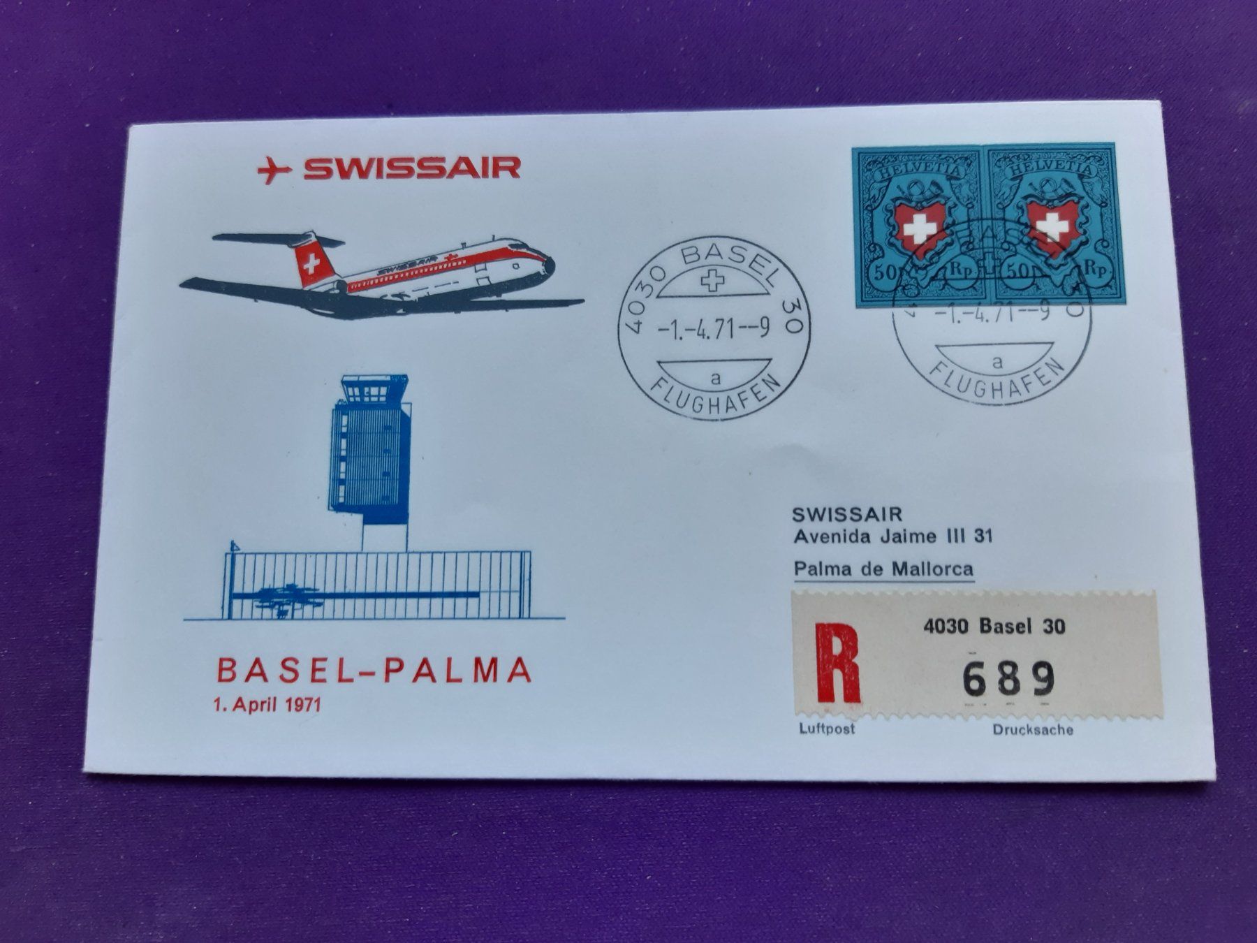 Tutti i francobolli: Erstflug Swissair BASEL - PALMA 1.4.1971, eingeschrieben – Usato da Wangs venduto da weisstannen01