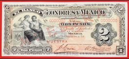 ** Muster 2Pesos El Banco de Londres y Mexico 1914 Banknot**