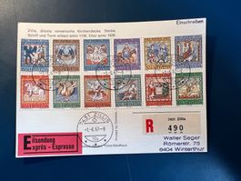 Postkarte, Pro Patria 65, 66,67 , Kirchendecke Zillis,