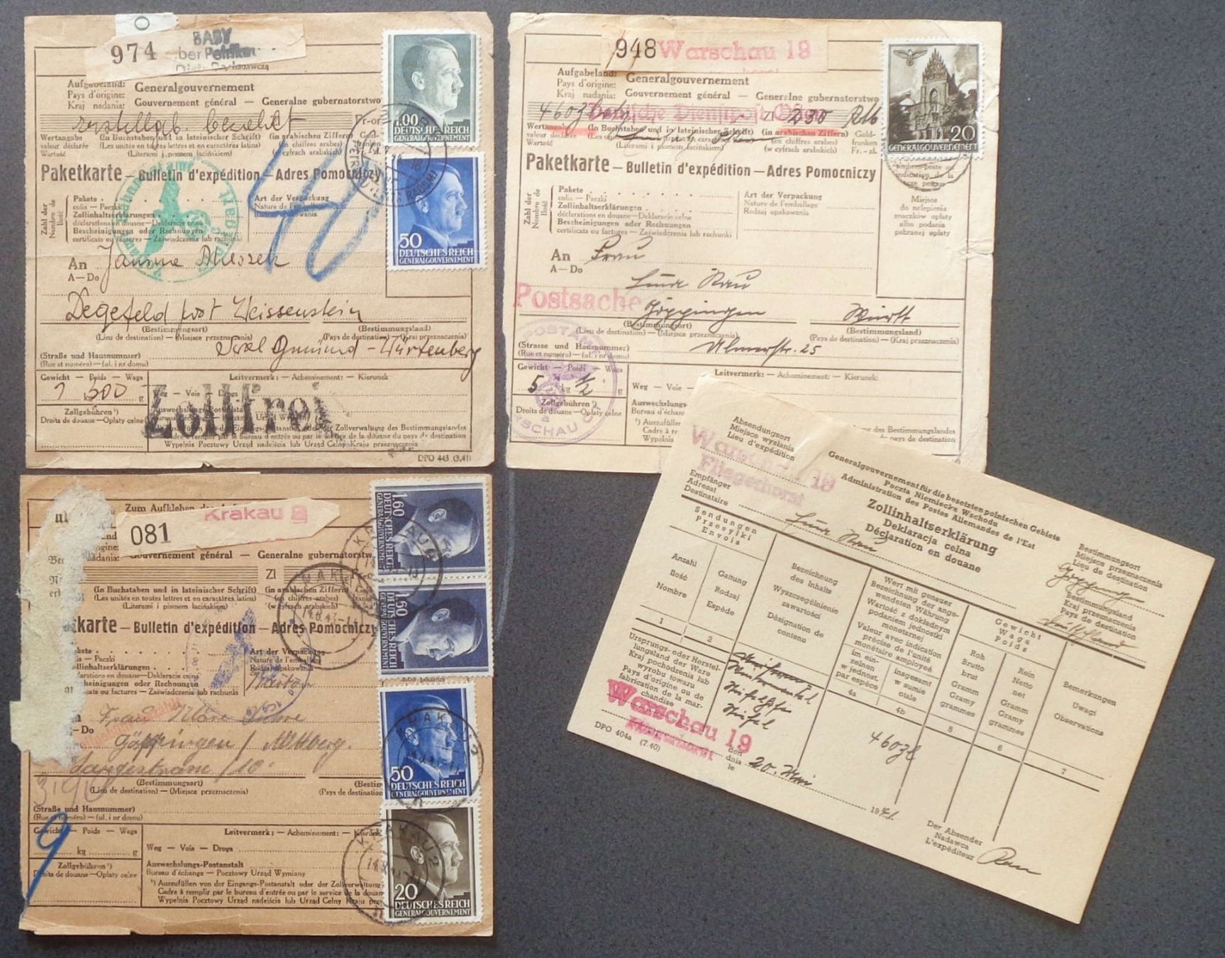 Tutti i francobolli: GENERALGOUVERNEMENT 1941–1944: 3 Paketkarten – Usato da Le Locle venduto da timbrettino