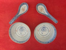 2 Schalen & 2 Löffel, Reisschalen Set, China Blau Weiss