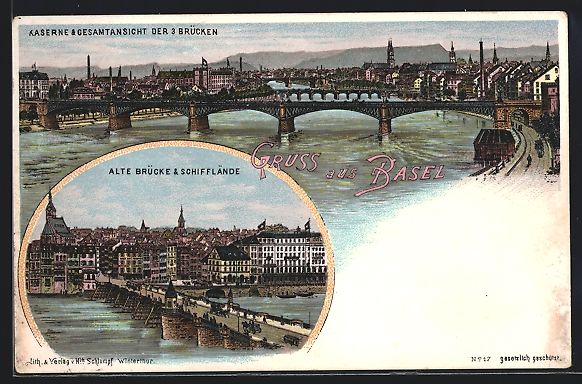 Cartoline postali: Litho Basel, Kaserne und Gesamtansicht d – Usato da Berlin venduto da bartko-reher