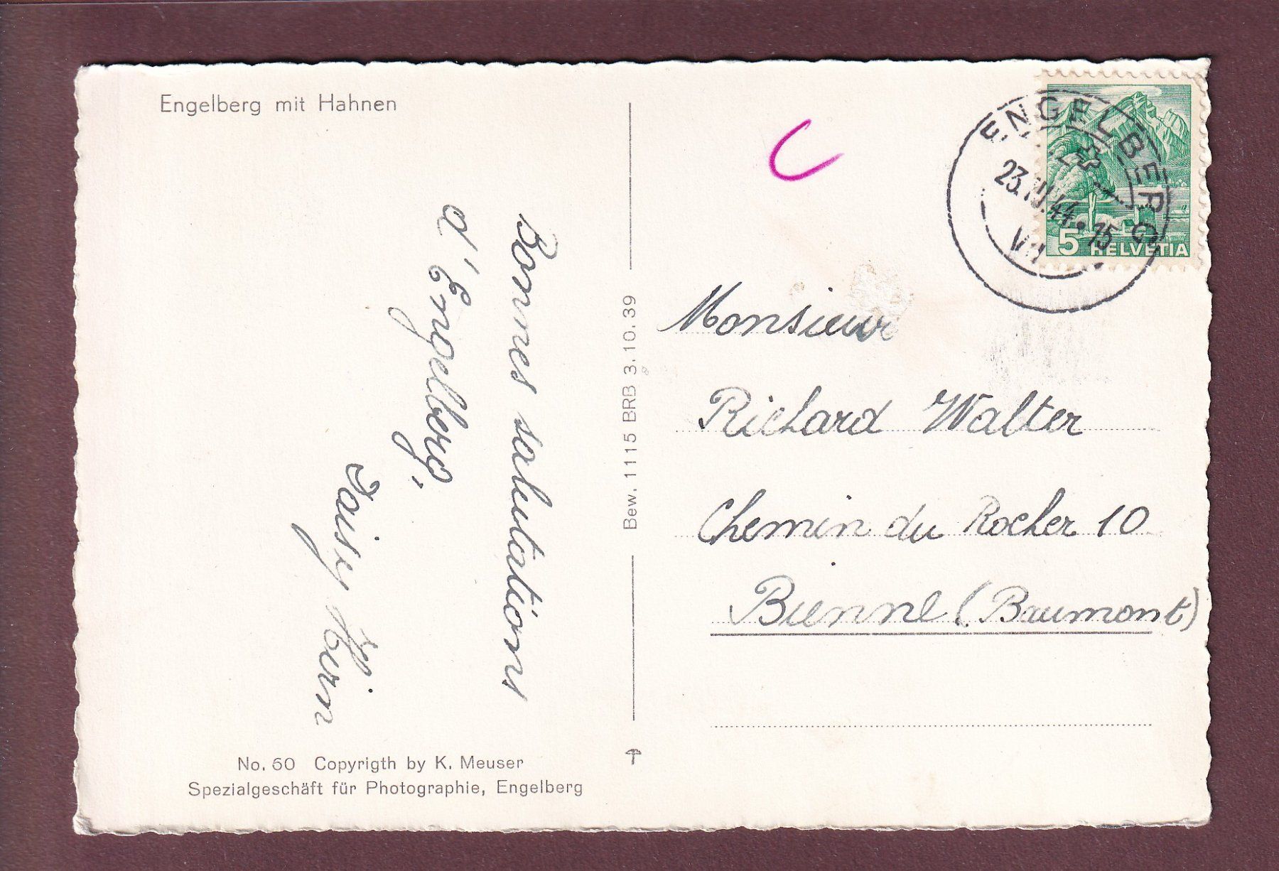Ansichtskarten: ENGELBERG - Hahnen - 1944 – Gebraucht aus Pully von nicecards 1