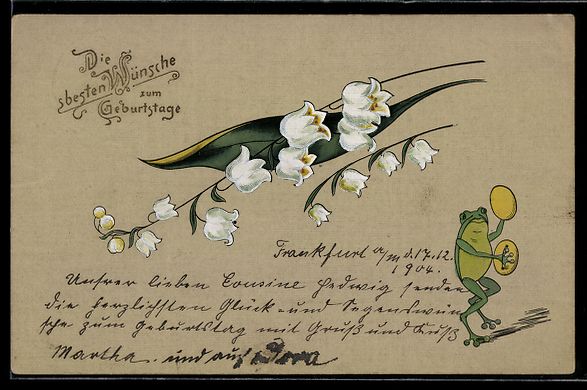 Cartes postales: Frosch mit Becken und Maiglöckchen, ver – D'occasion à Berlin par bartko-reher
