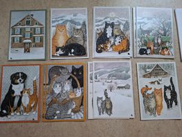 12 Grusskarten Gisela Buomberger Katzen Hunde Winter