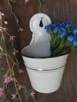 antiker Wandtopf Halter Emaille Email creme m.goldrand uralt