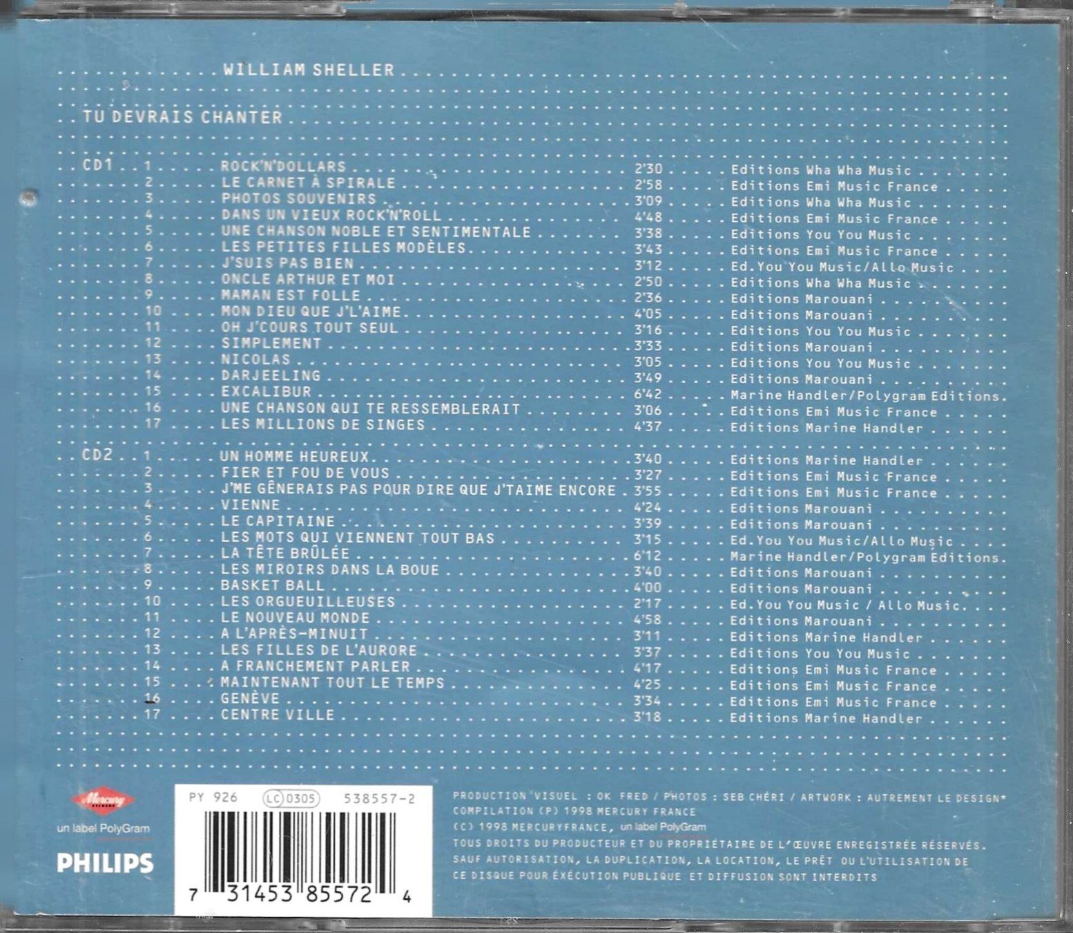 CDs: William Sheller 2 CD's - Tu devrais chanter – D'occasion à Savagnier par Ne2065 1