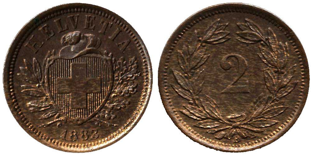 Tutti le monete: Suisse 2 Cent. 1883 b AE 002 – Usato da Chiasso venduto da Novamarketing