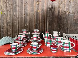 Kaffeegeschirr Kanne Tassen Untertassen Karo Muster Service