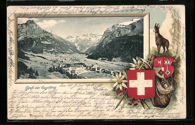 Cartoline postali: AK Engelberg, Totalansicht, Gams, Wappen – Usato da Berlin venduto da bartko-reher