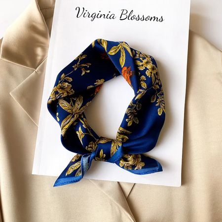New 53cm 100% Silk Scarf, Floral Blue Silk Scarf