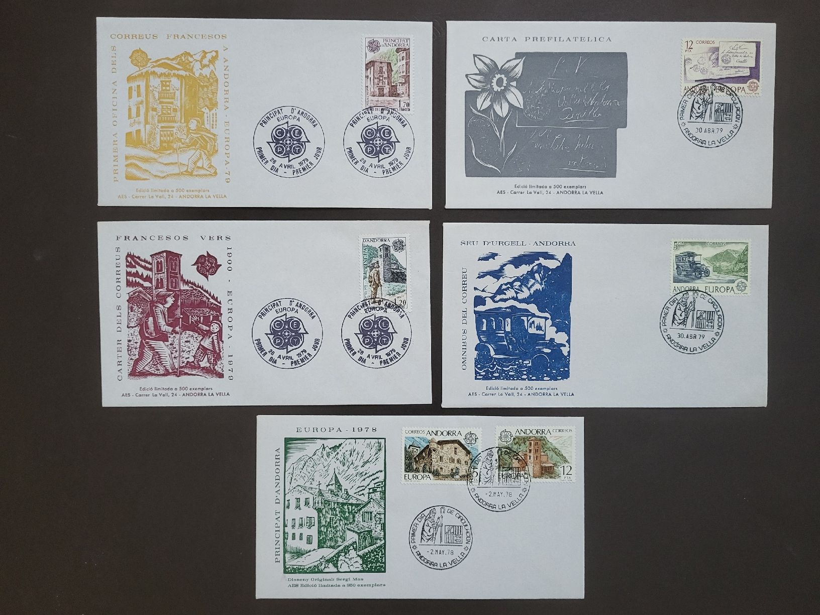 Alle Briefmarken: 1979, Andorra  -  5 Erstagsbriefe – Gebraucht aus stäfa von brandy66