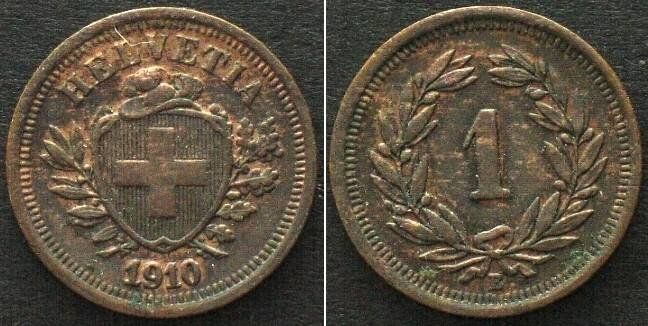 Alle Münzen: Schweiz EIDGENOSSENSCHAFT 1 Rappen 1910 Bronze vz+ – Gebraucht aus Riehen von sesambestcoins2004