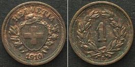 Schweiz EIDGENOSSENSCHAFT 1 Rappen 1910 Bronze vz+