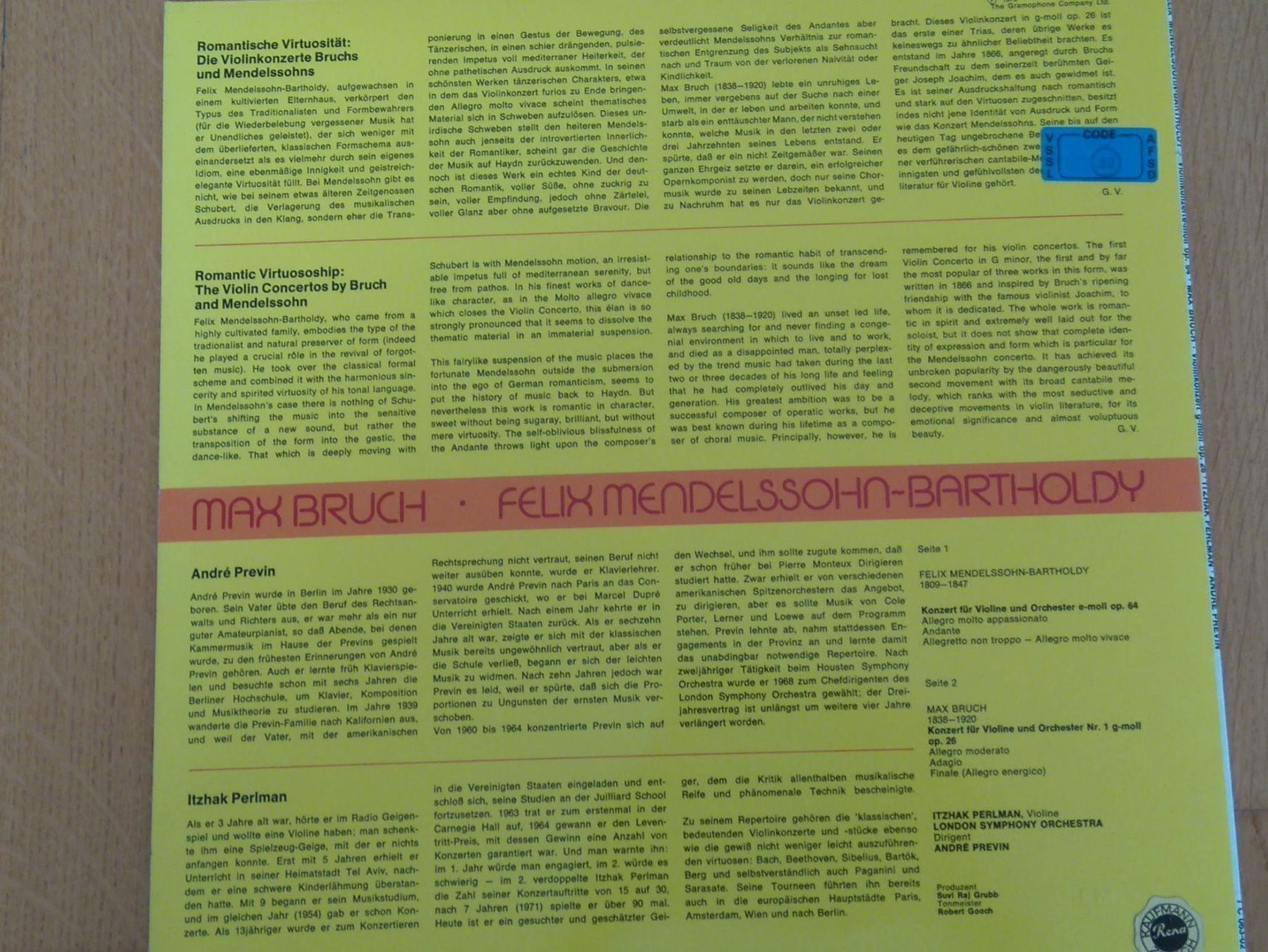 Schallplatten: M.Bruch,F.Mendelssohn,I.Perlman,A.Previn – Gebraucht aus Luzern von Einh0rn 2