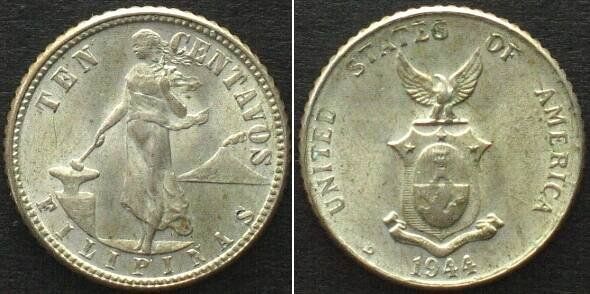 Tutti le monete: PHILIPPINEN 10 Centavos 1944 D US-ADMINISTRATION Silber unz- – Usato da Riehen venduto da sesambestcoins2004