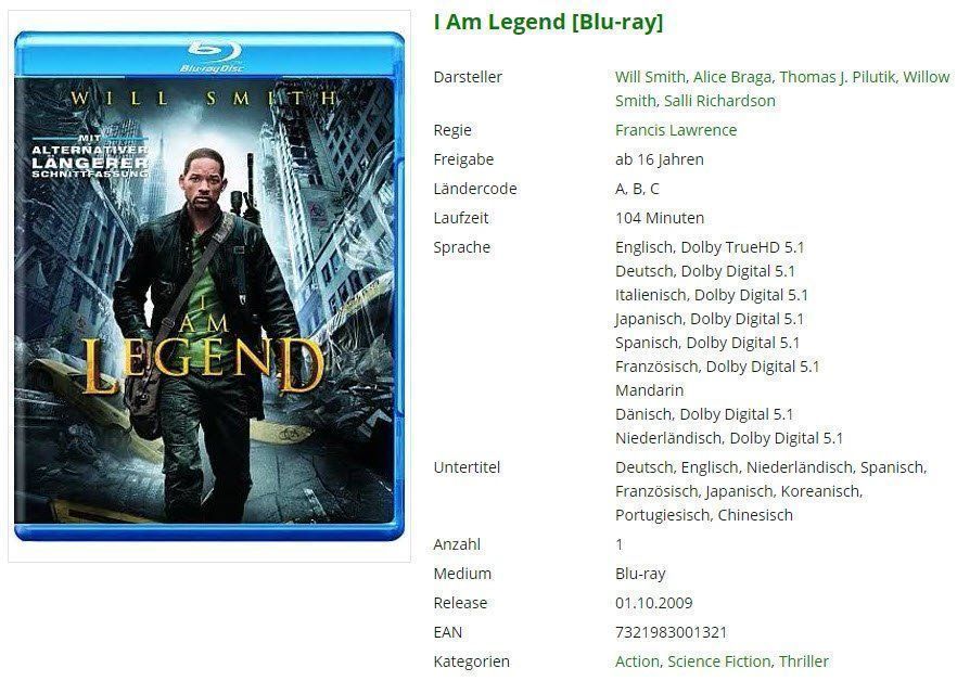 Tutti i DVDs: I Am Legend [Blu-ray] – Usato da Buchrain venduto da Sssschaller