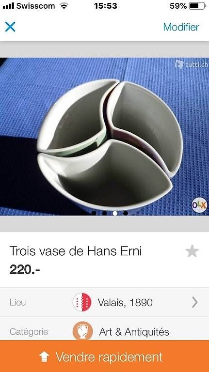 Vasi & Recipienti: 3 Vases de Hans Erni. – Usato da St. Maurice venduto da Benoit12 2