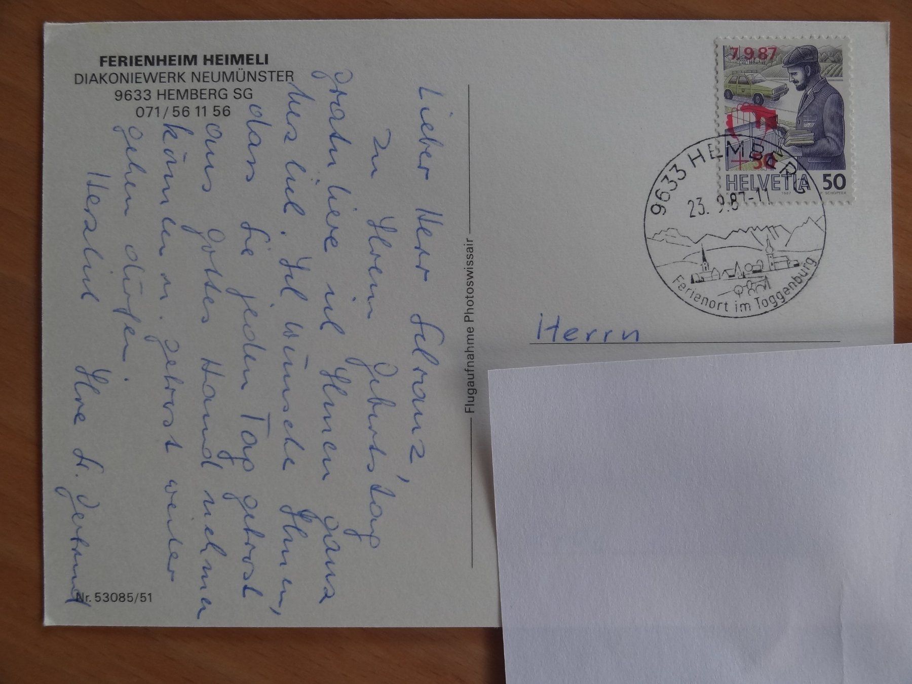 Cartoline postali: Hemberg - Ferienheim Heimeli - 1987 – Usato da St Léonard venduto da Riglin 1