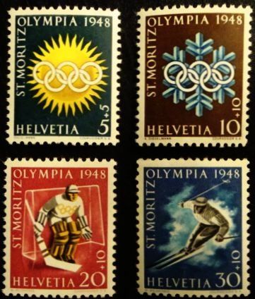 Tutti i francobolli: 1948 : OLYMPIADE St. Moritz 1948 postfrisch  #  25-28 – Nuovo e nell'imballaggio originale da Thun venduto da ck387