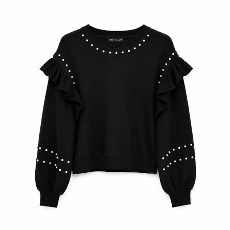 ZARA Damenpullover Schwarz mit Rüschen & Perlen | M/38