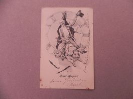 Karte Motiv Humor mit Schwein Sau 1906 Uhr Neujahr Glück