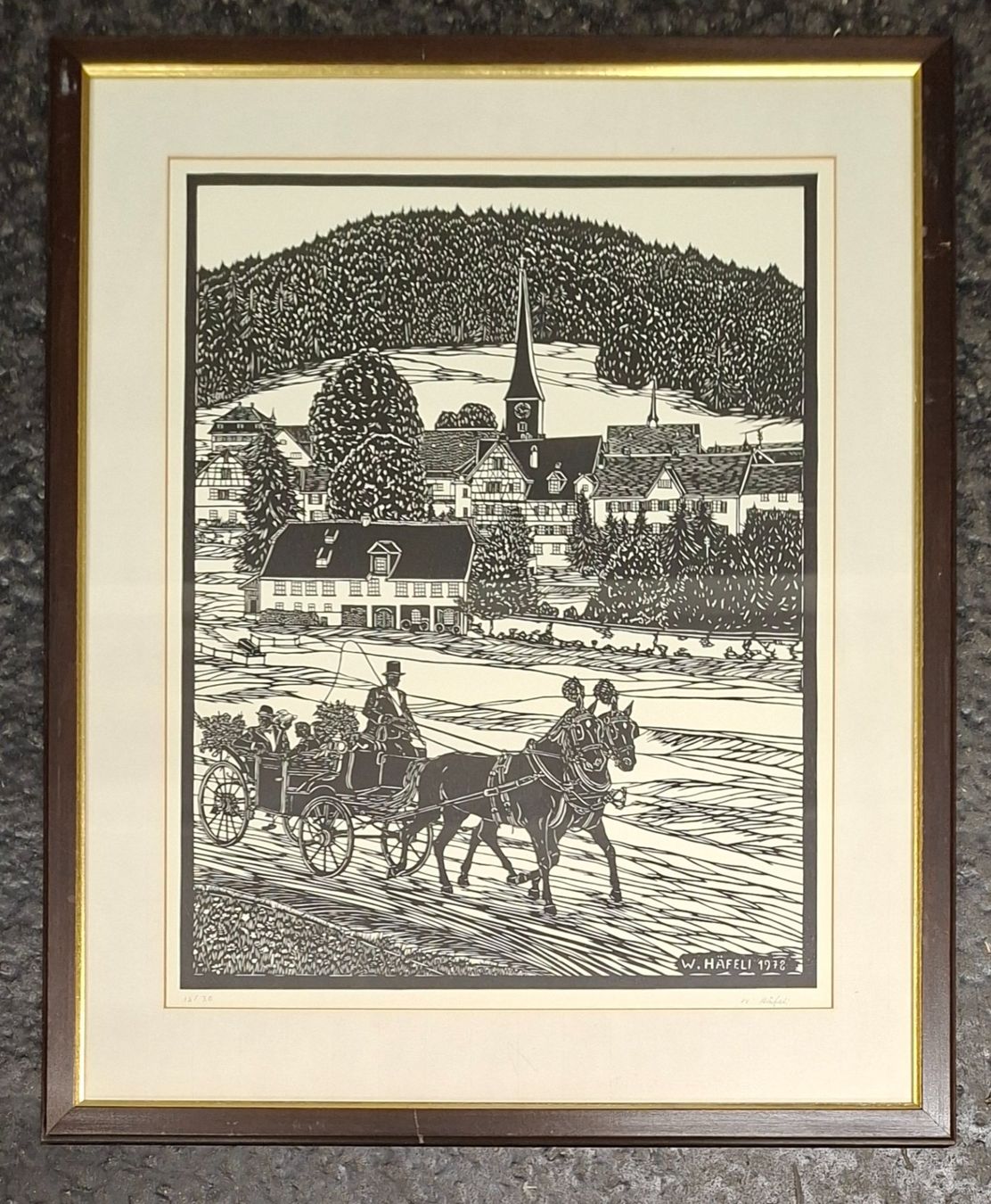 Grafica & Litografie: Häfeli Werner, Scherenschnitt-Litho, Hochzeit Kutsche Pferd – Usato da St. Gallen venduto da BlauesKreuzSG-App 1